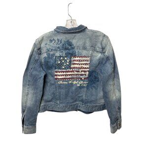 Lauren Ralph Lauren Women's Denim Jacket American Flag Embroidery & Floral Sz XL